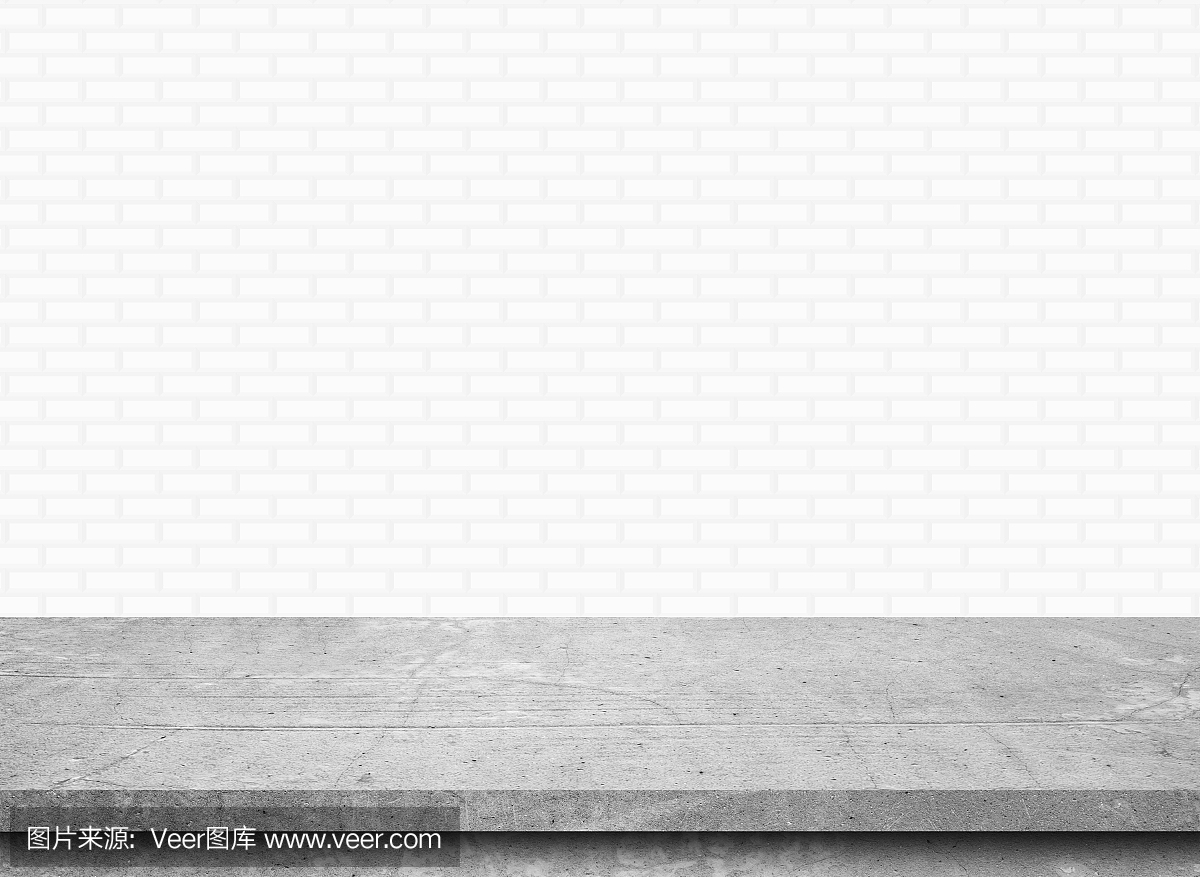 白色砖墙背景上的空白石材桌面,为产品展示模板模拟